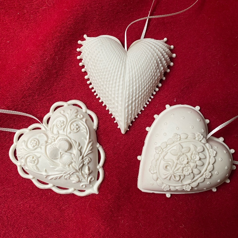 Elegant Vintage Margaret Furlong Bisque Ceramic Heart Ornament Trio Set